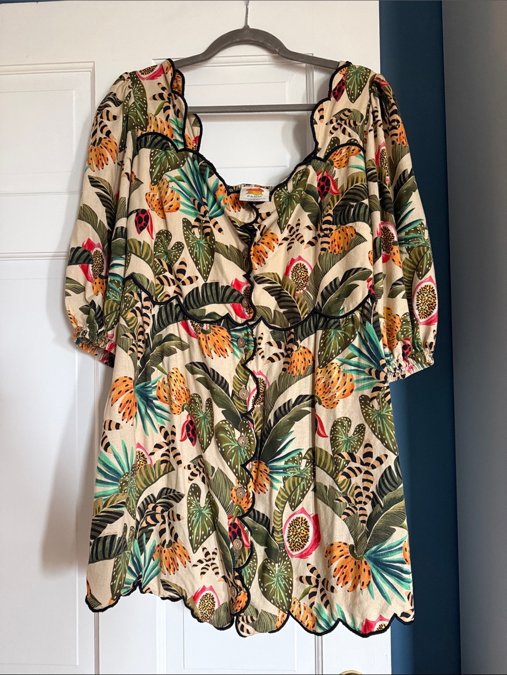 Farm Rio Tropical Print Scallop-Edge Women’s Dress - Cream with Green & Orange